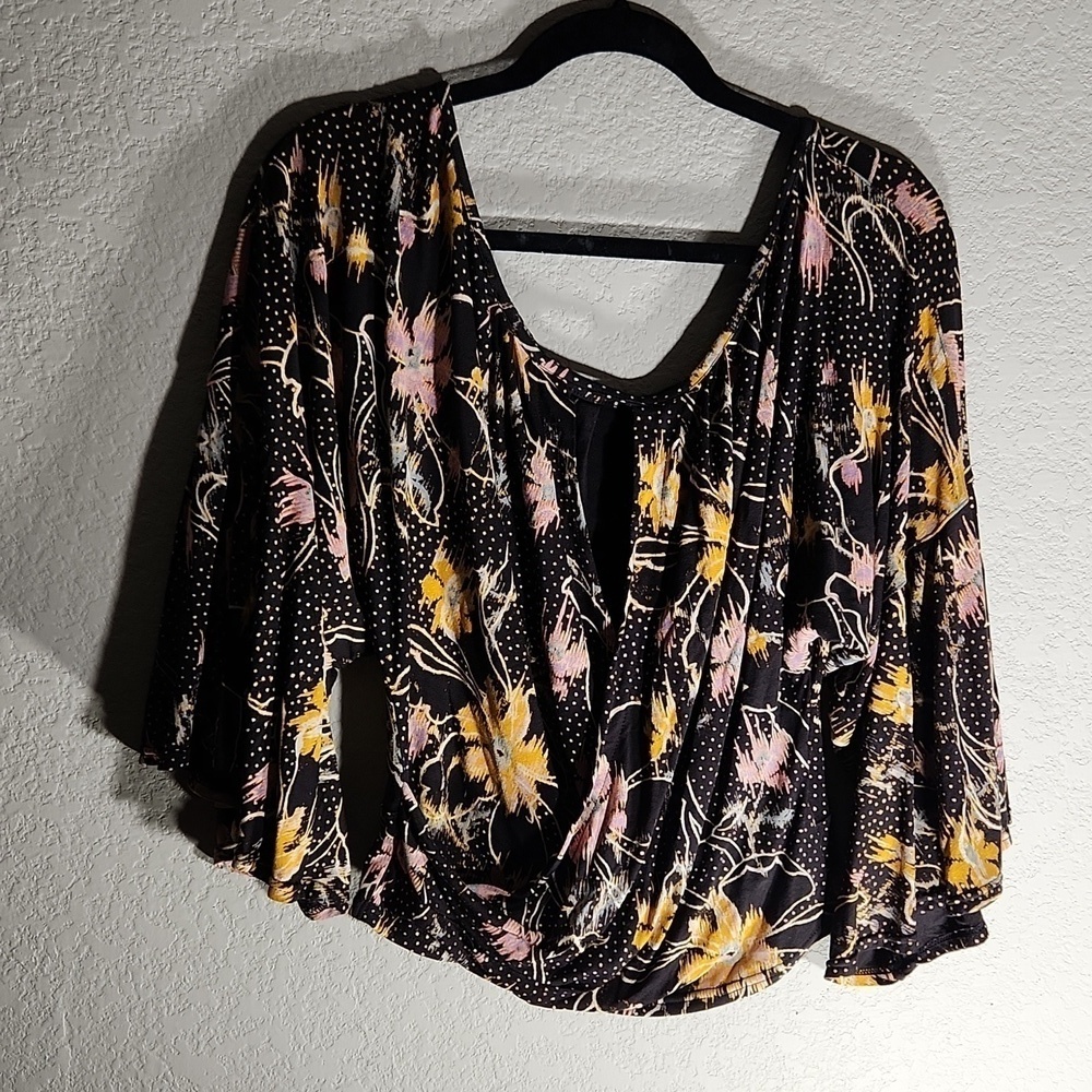 Free People Blouse Floral Boho Large Black Pink Whimsigoth Boho Festival